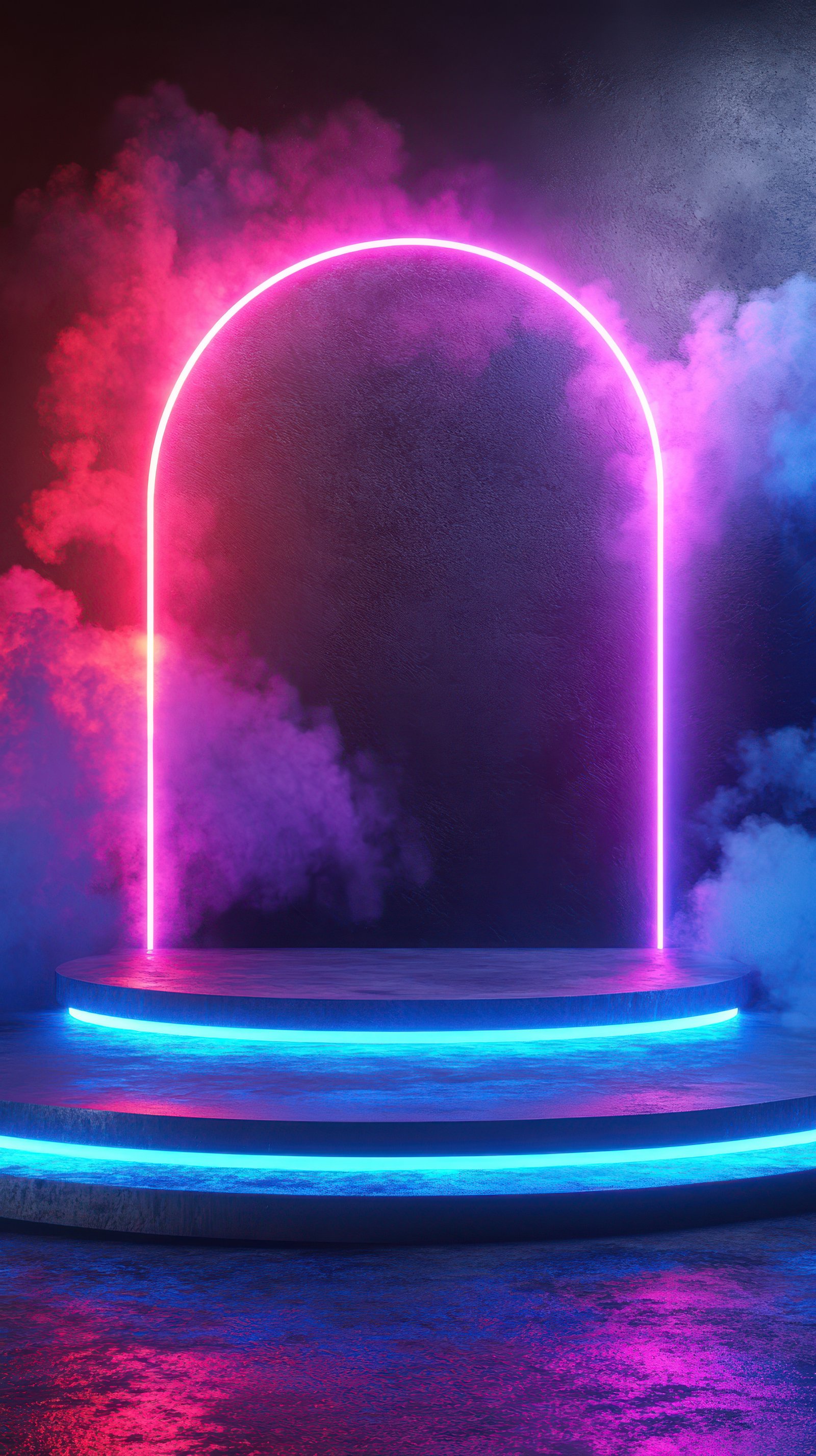 Vibrant neon archway illuminated with colorful lights against a smoky backdrop at an artistic venue